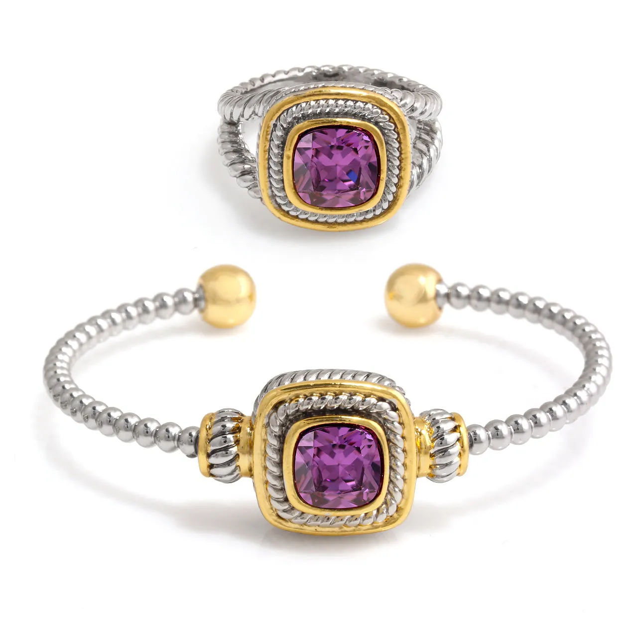 TWO TONE AMATHYST CRYSTAL CUFF BRACELET AND RING SET#JJSET-1962AM (AB24)