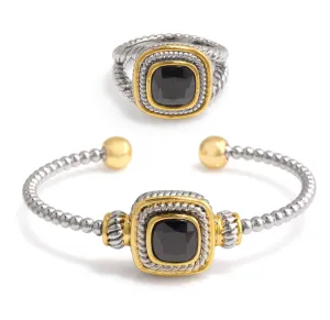 TWO TONE BLACK CRYSTAL CUFF BRACELET AND RING SET #JJSET-1962BLK (AD24)