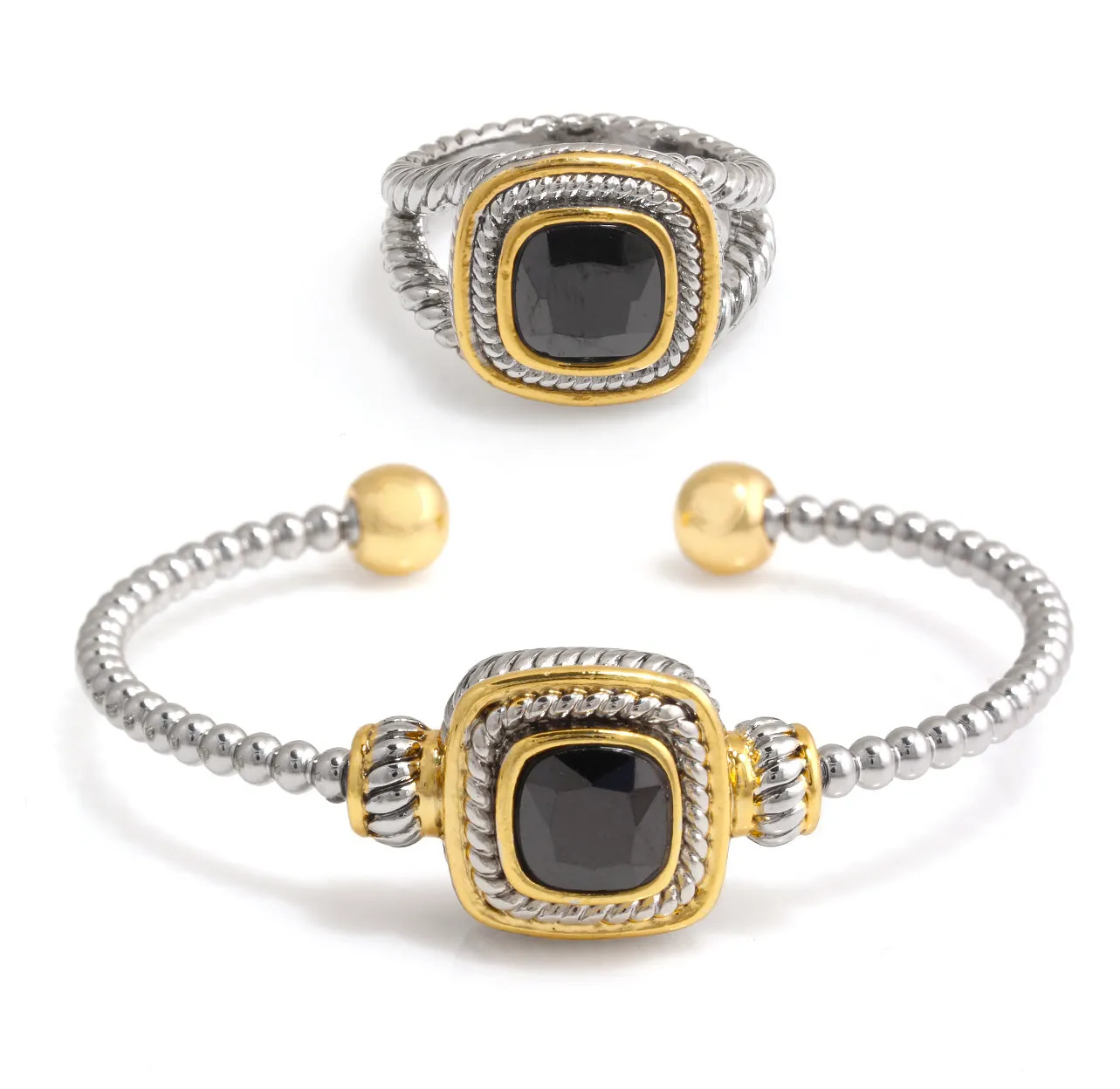 TWO TONE BLACK CRYSTAL CUFF BRACELET AND RING SET #JJSET-1962BLK (AD24)