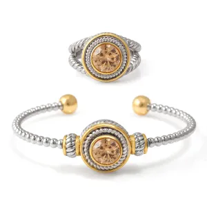 TWO TONE CHAMPAGNE CRYSTAL CUFF BRACELET AND RING SET #JJSET-1963CHM (AD23)
