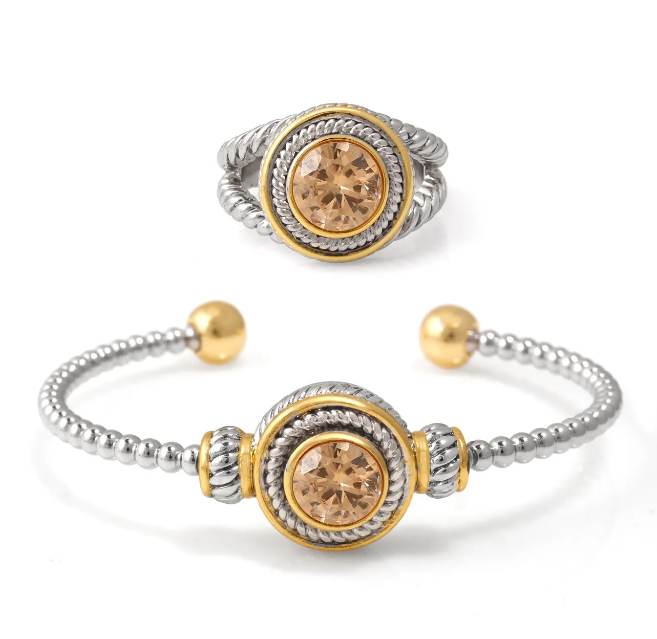 TWO TONE CHAMPAGNE CRYSTAL CUFF BRACELET AND RING SET #JJSET-1963CHM (AD23)