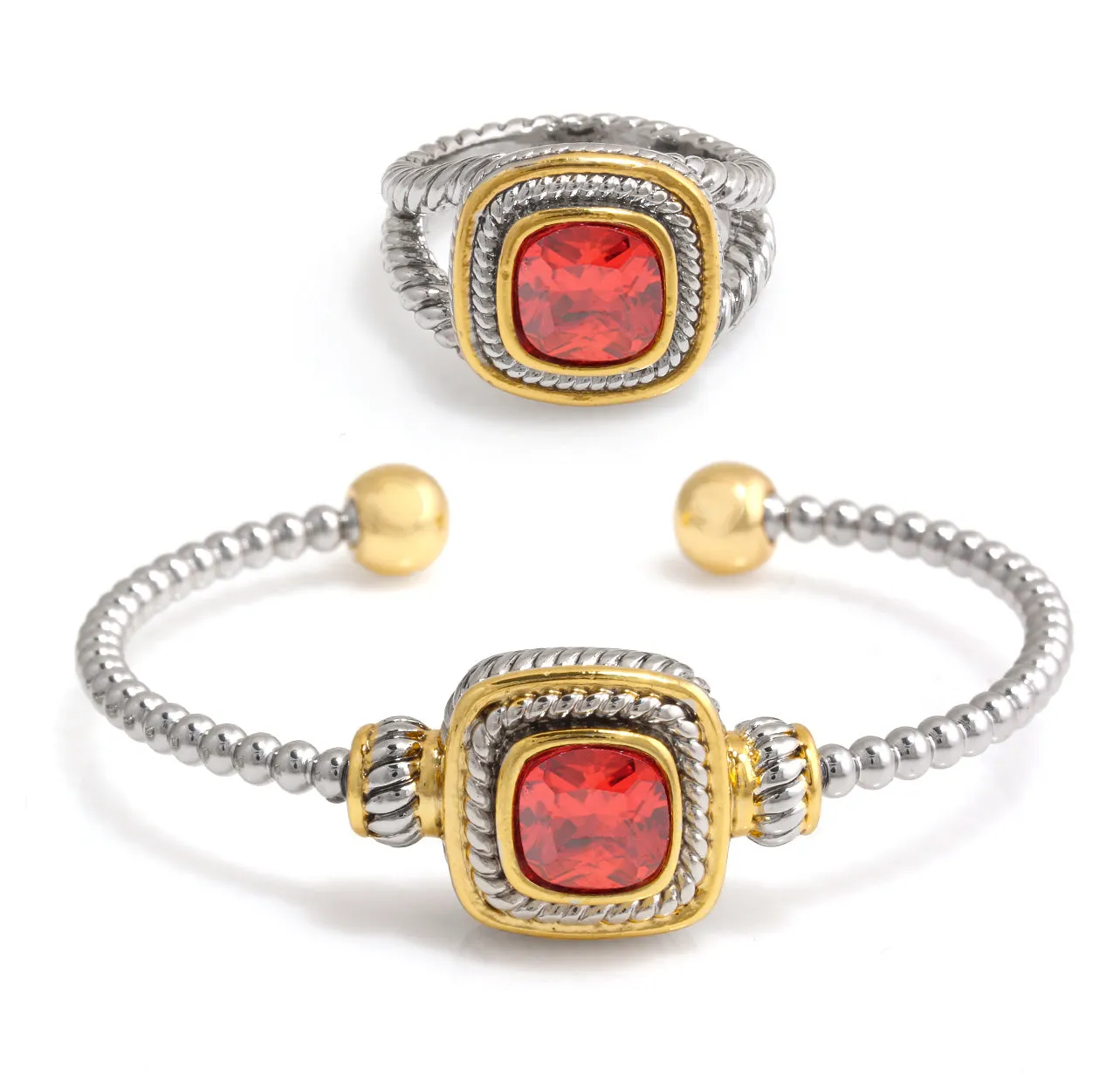 TWO TONE GARNET CRYSTAL CABLE CUFF BRACELET AND RING SET #JJSET-1962GAR (AE24)