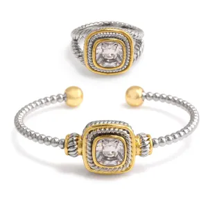 TWO TONE WHITE CRYSTAL CUFF BRACELET AND RING SET #JJSET-1962CL (AA24)