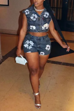 UM0194 Denim Vest and Shorts Set