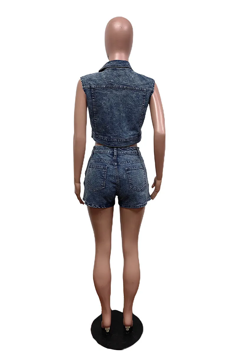 UM0194 Denim Vest and Shorts Set