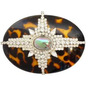 Unsigned Tortoise Shell Rhinestone Brooch