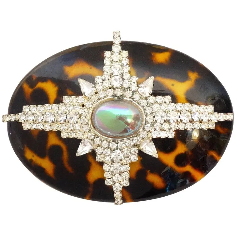 Unsigned Tortoise Shell Rhinestone Brooch