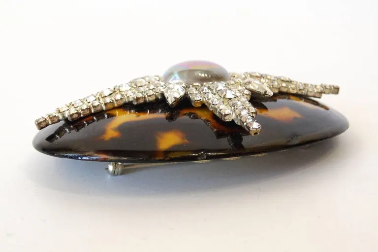 Unsigned Tortoise Shell Rhinestone Brooch