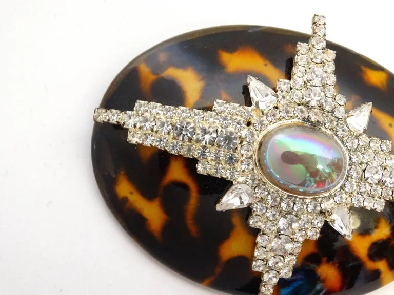 Unsigned Tortoise Shell Rhinestone Brooch