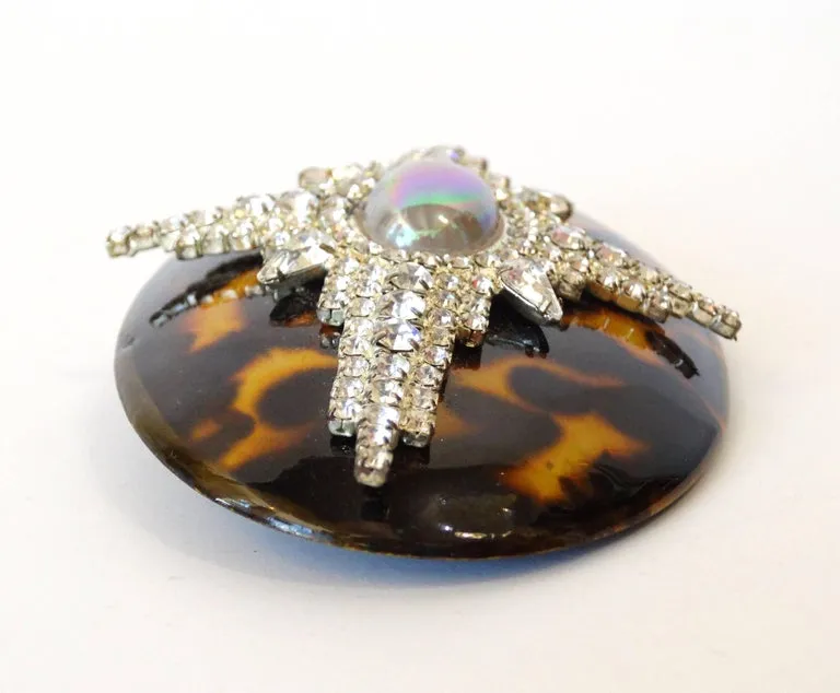 Unsigned Tortoise Shell Rhinestone Brooch