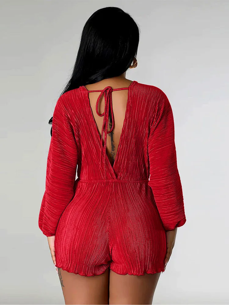 V Neck Pleated Romper