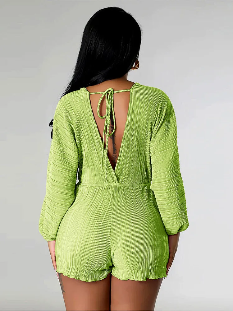 V Neck Pleated Romper