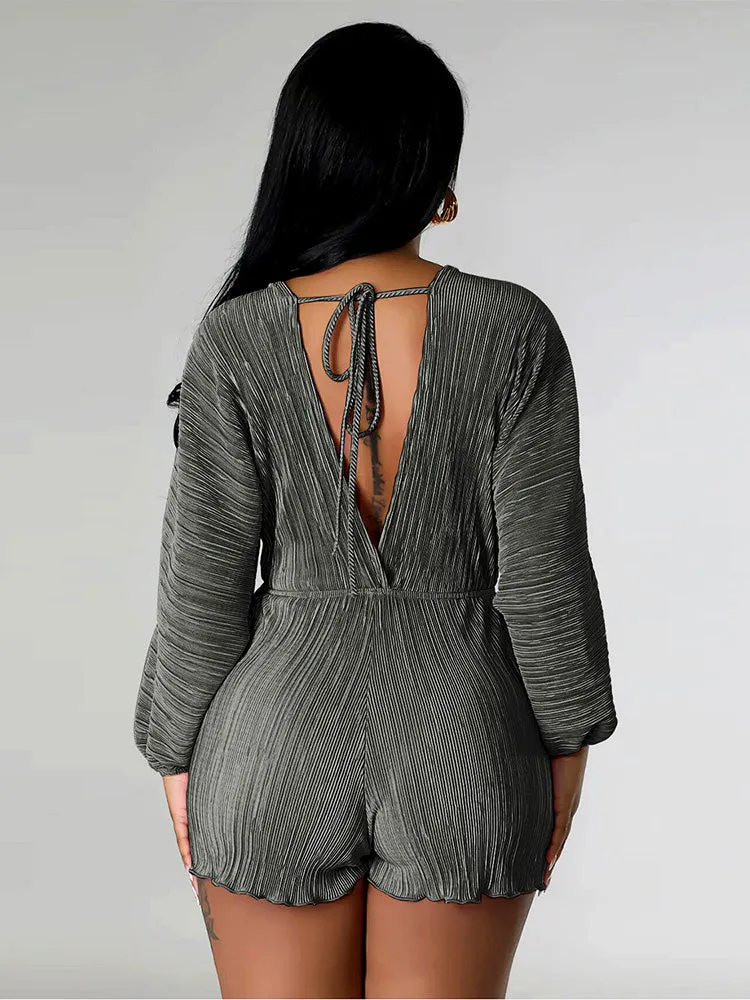 V Neck Pleated Romper