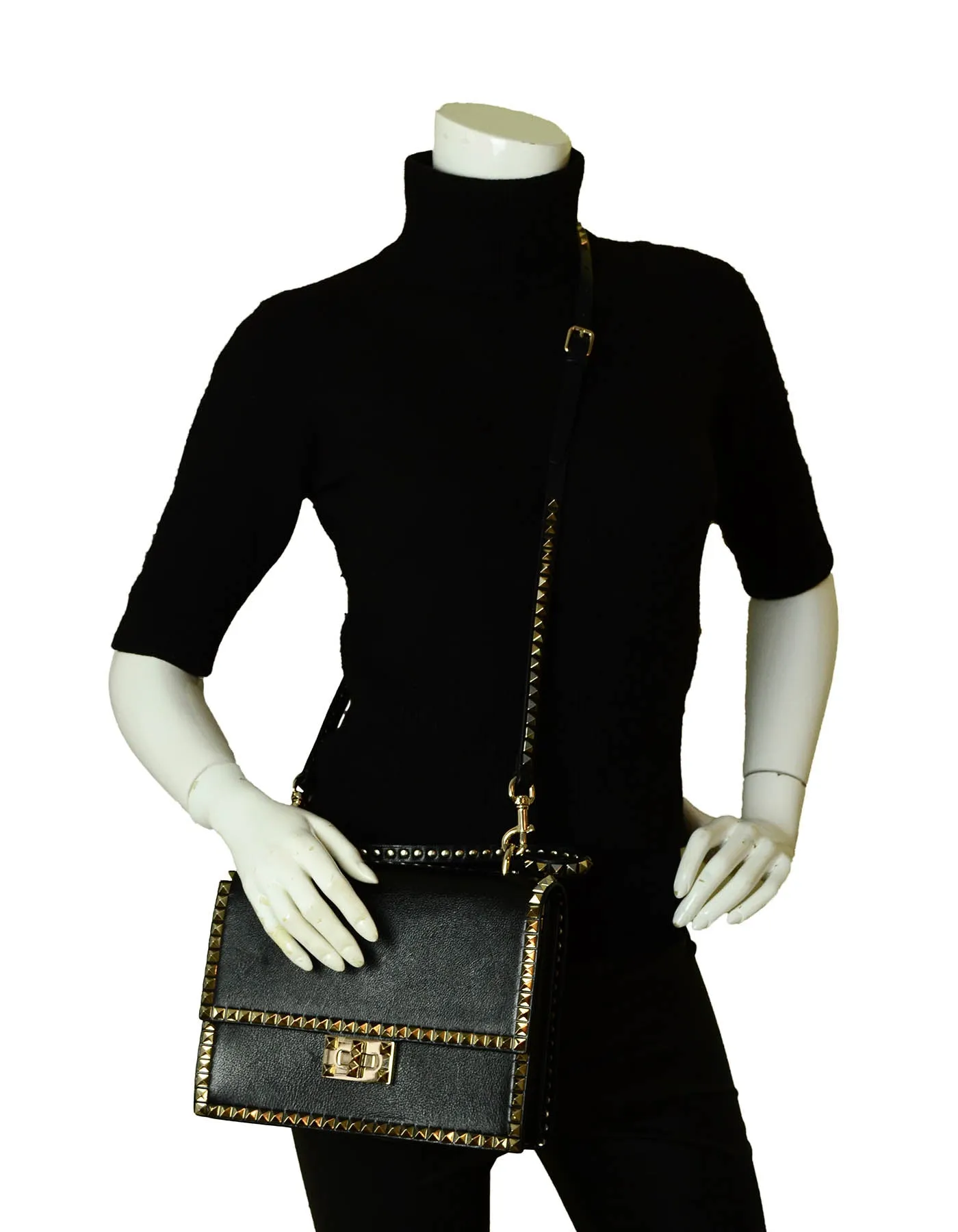 Valentino Black Leather No Limit Single Handle Rockstud Bag w. Strap
