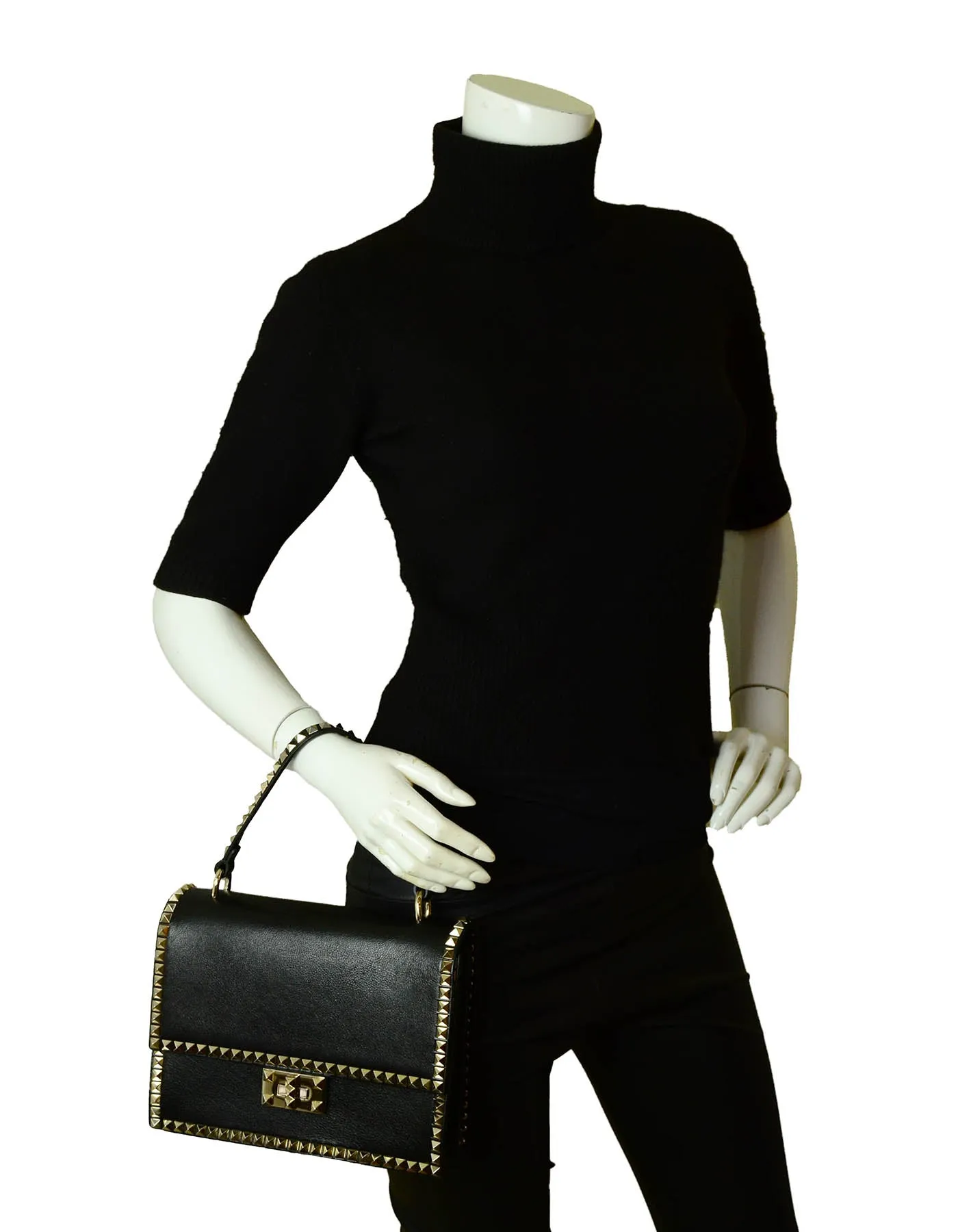 Valentino Black Leather No Limit Single Handle Rockstud Bag w. Strap