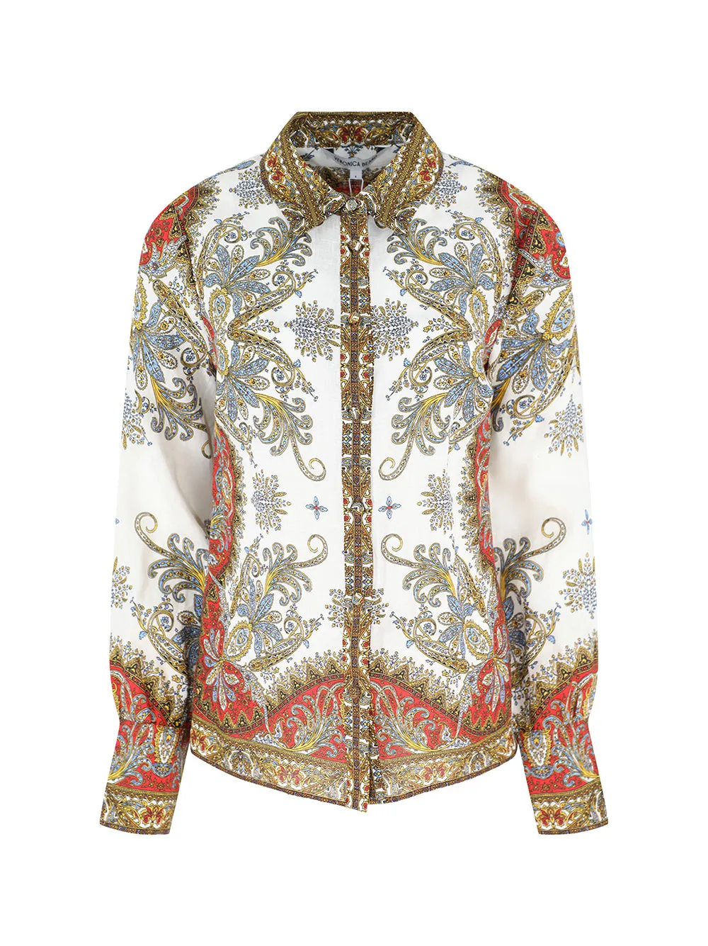 Veronica Beard Maryam Linen Shirt in Dove/Red Multi