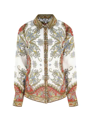 Veronica Beard Maryam Linen Shirt in Dove/Red Multi