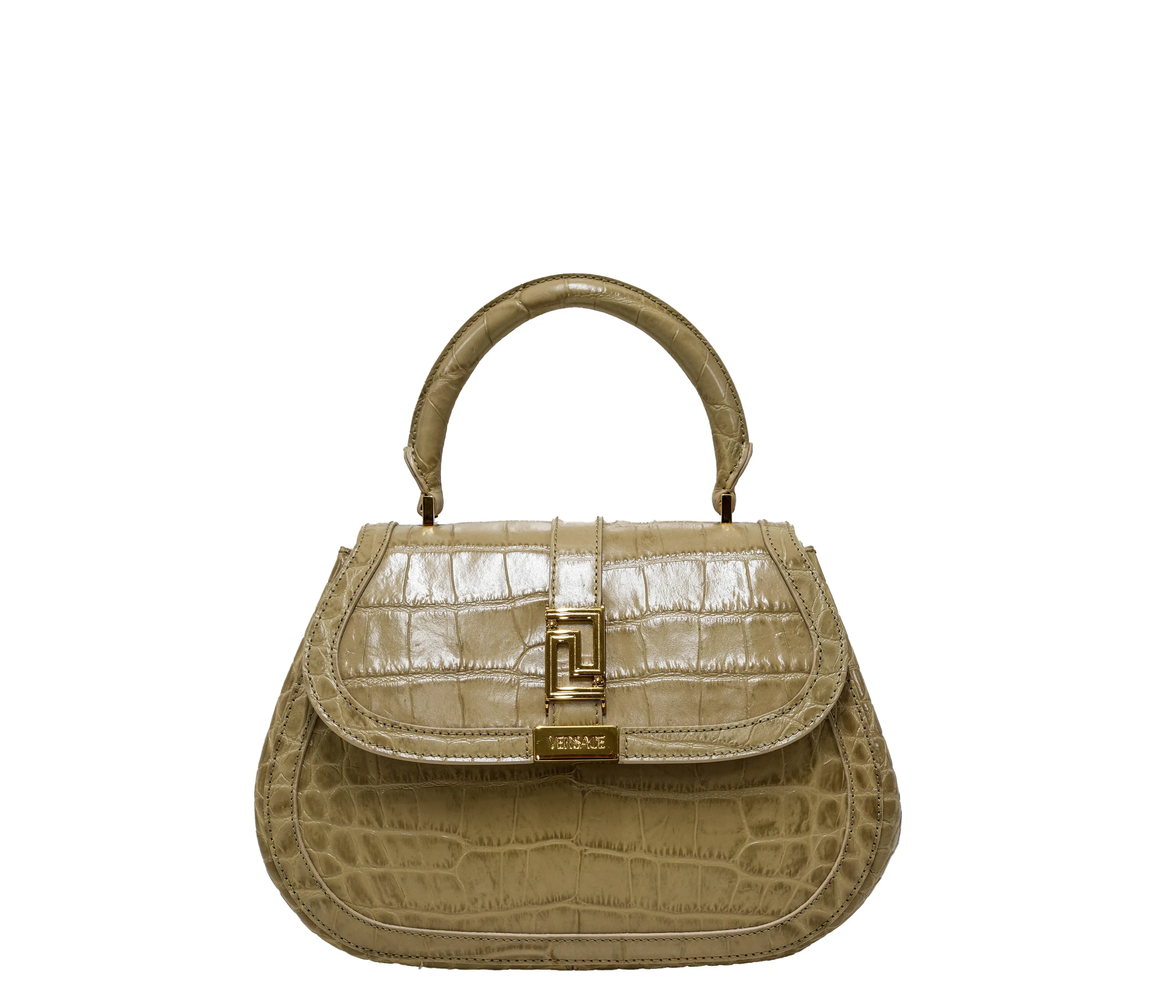 Versace Sand & Gold Embossed Croc Medium Leather Bag 1012105 30% OFF