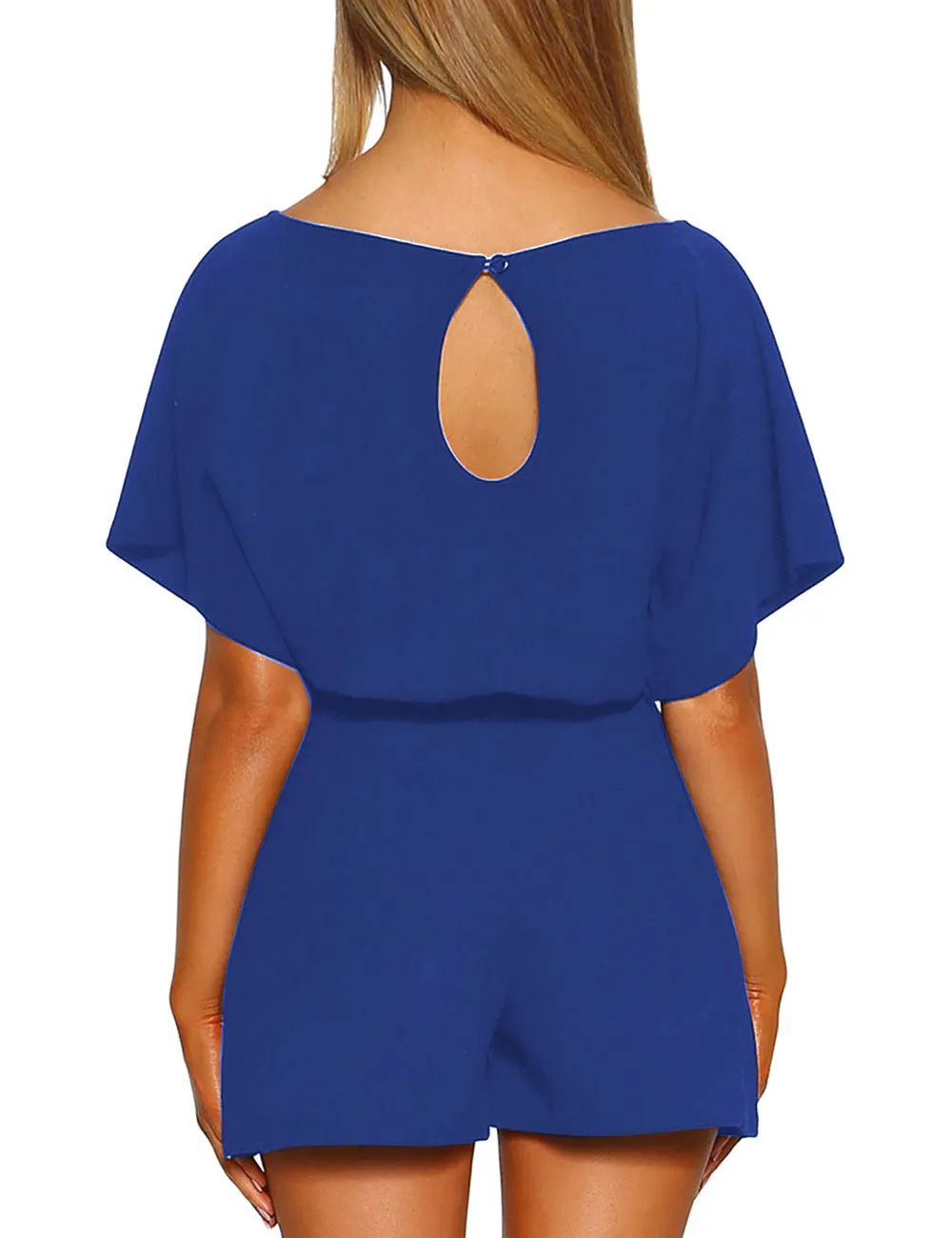 Vetinee Women Casual Short Sleeves Self-Tie Belted Short Romper Jumpsuits