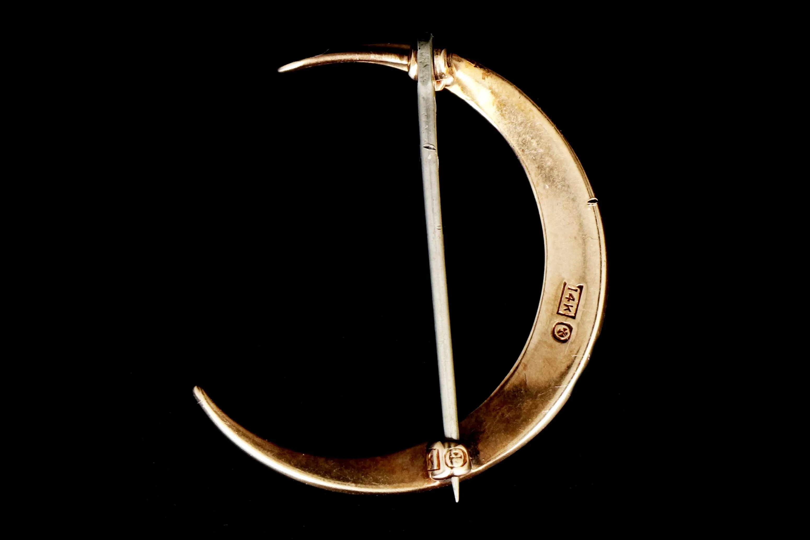 Victorian 14K Gold Crescent Moon Seed Pearl Pin Brooch c.1890's