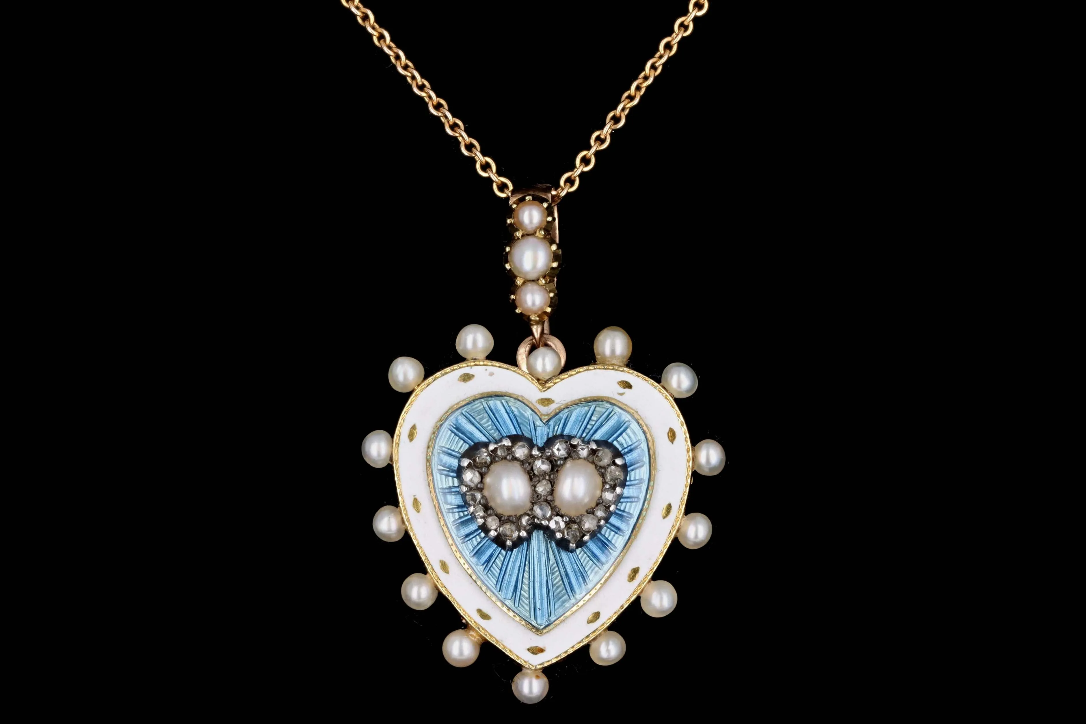 Victorian 18K Yellow Gold Pearl Blue Guilloche Enamel & Rose Cut Diamond Heart Brooch Pendant Necklace