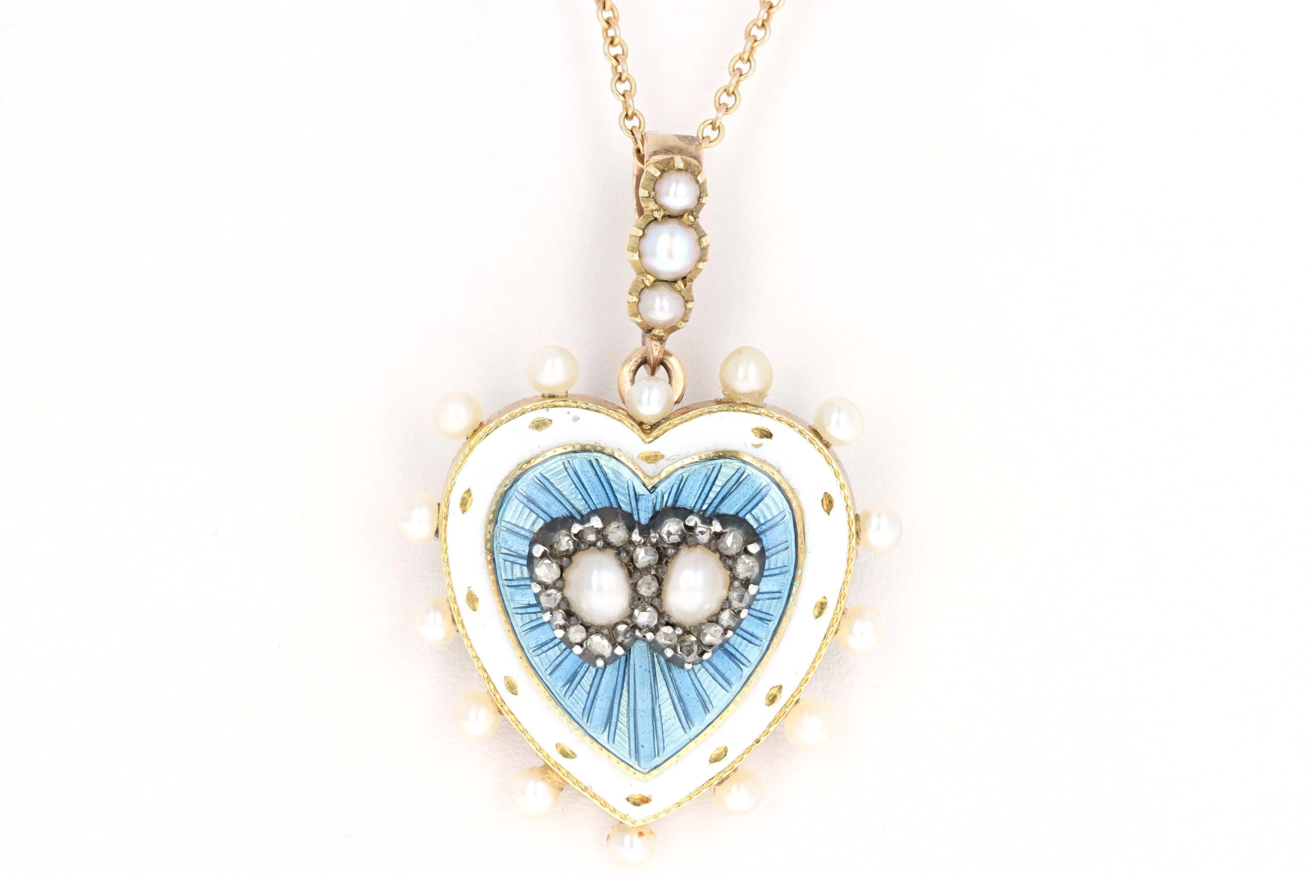 Victorian 18K Yellow Gold Pearl Blue Guilloche Enamel & Rose Cut Diamond Heart Brooch Pendant Necklace