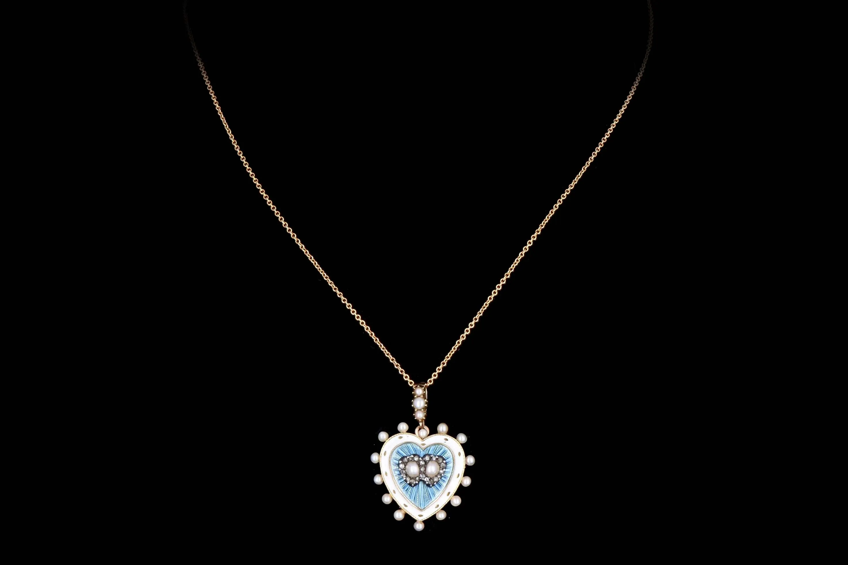 Victorian 18K Yellow Gold Pearl Blue Guilloche Enamel & Rose Cut Diamond Heart Brooch Pendant Necklace