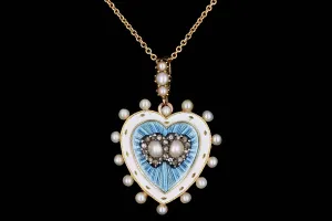 Victorian 18K Yellow Gold Pearl Blue Guilloche Enamel & Rose Cut Diamond Heart Brooch Pendant Necklace