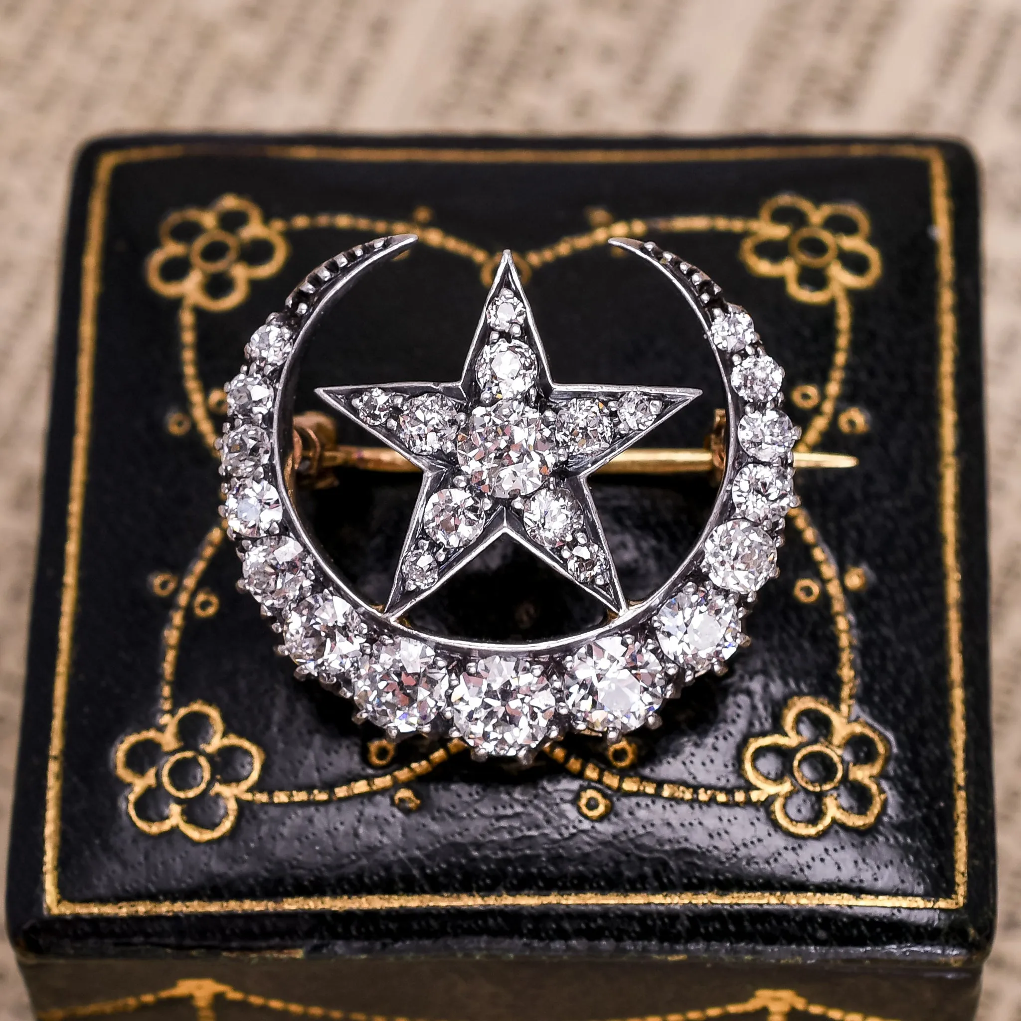Victorian Crescent Moon & Star Celestial Brooch