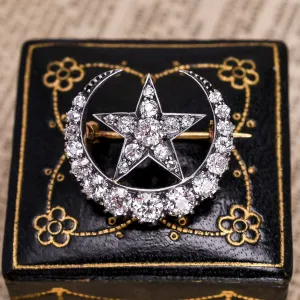 Victorian Crescent Moon & Star Celestial Brooch