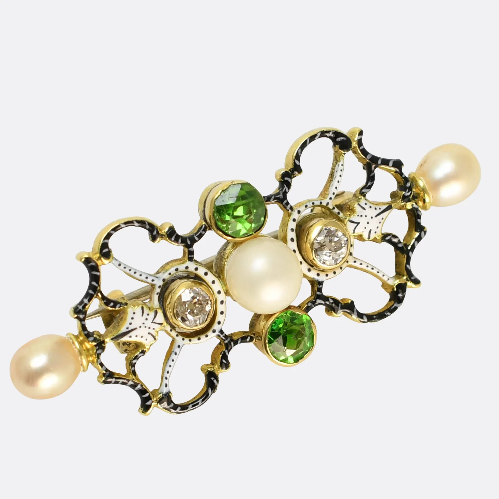 Victorian Demantoid Garnet, Pearl & Diamond Brooch Attributed to Carlo Giuliano