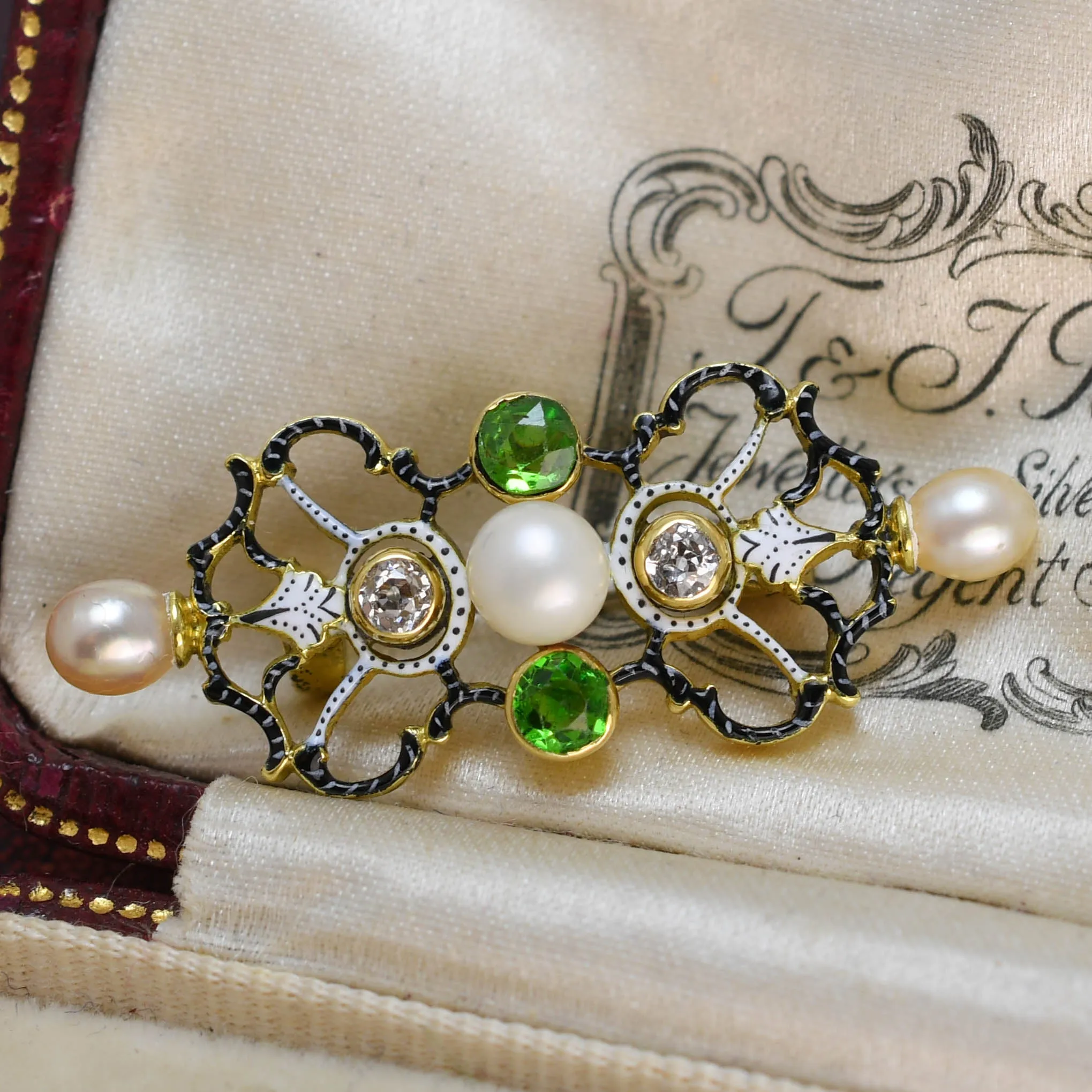Victorian Demantoid Garnet, Pearl & Diamond Brooch Attributed to Carlo Giuliano
