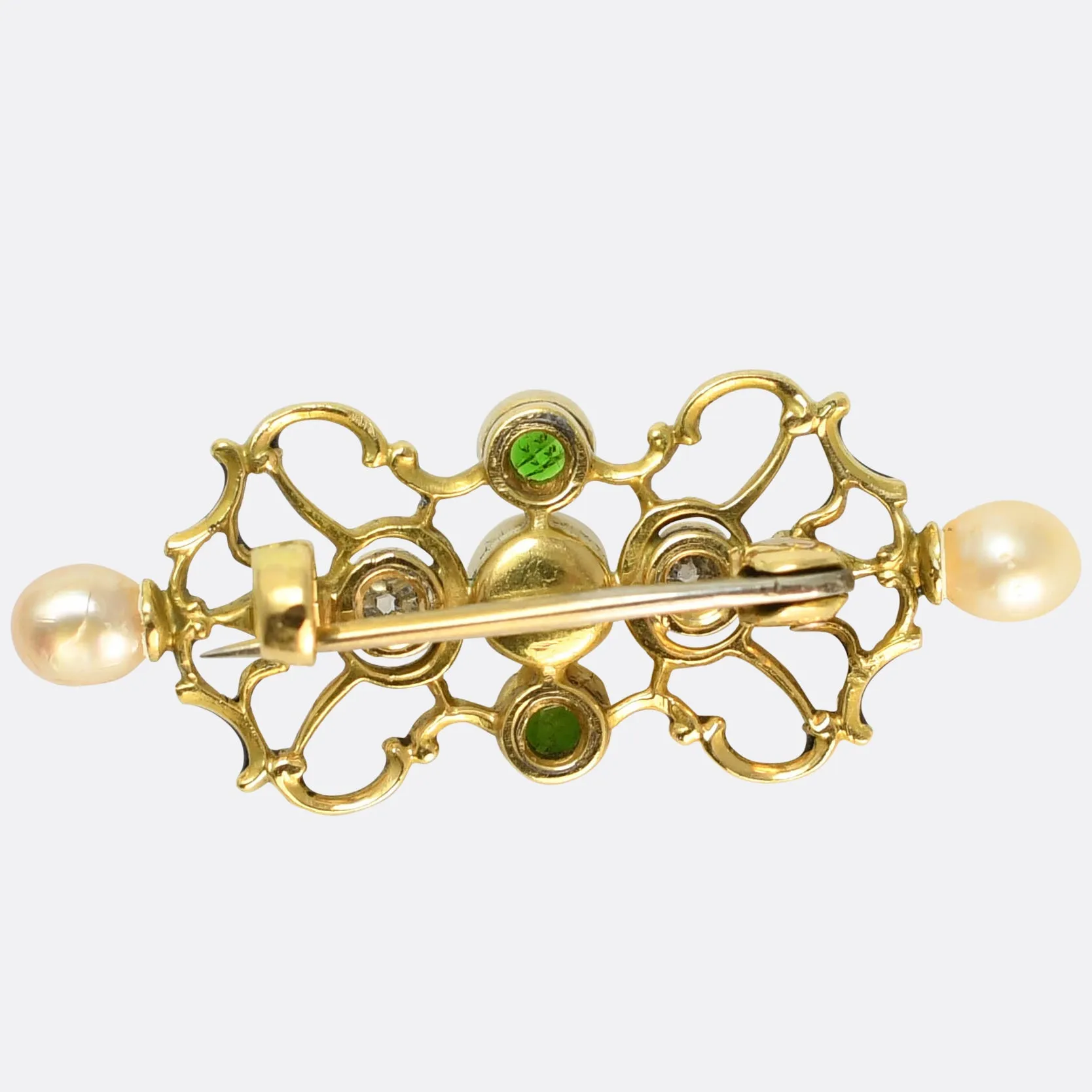 Victorian Demantoid Garnet, Pearl & Diamond Brooch Attributed to Carlo Giuliano