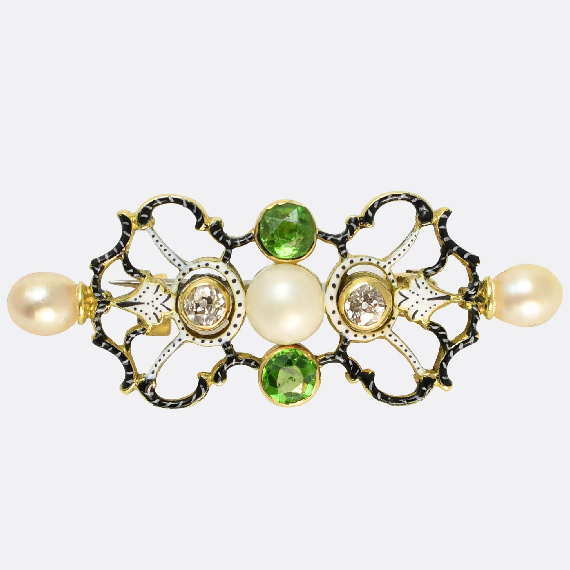 Victorian Demantoid Garnet, Pearl & Diamond Brooch Attributed to Carlo Giuliano