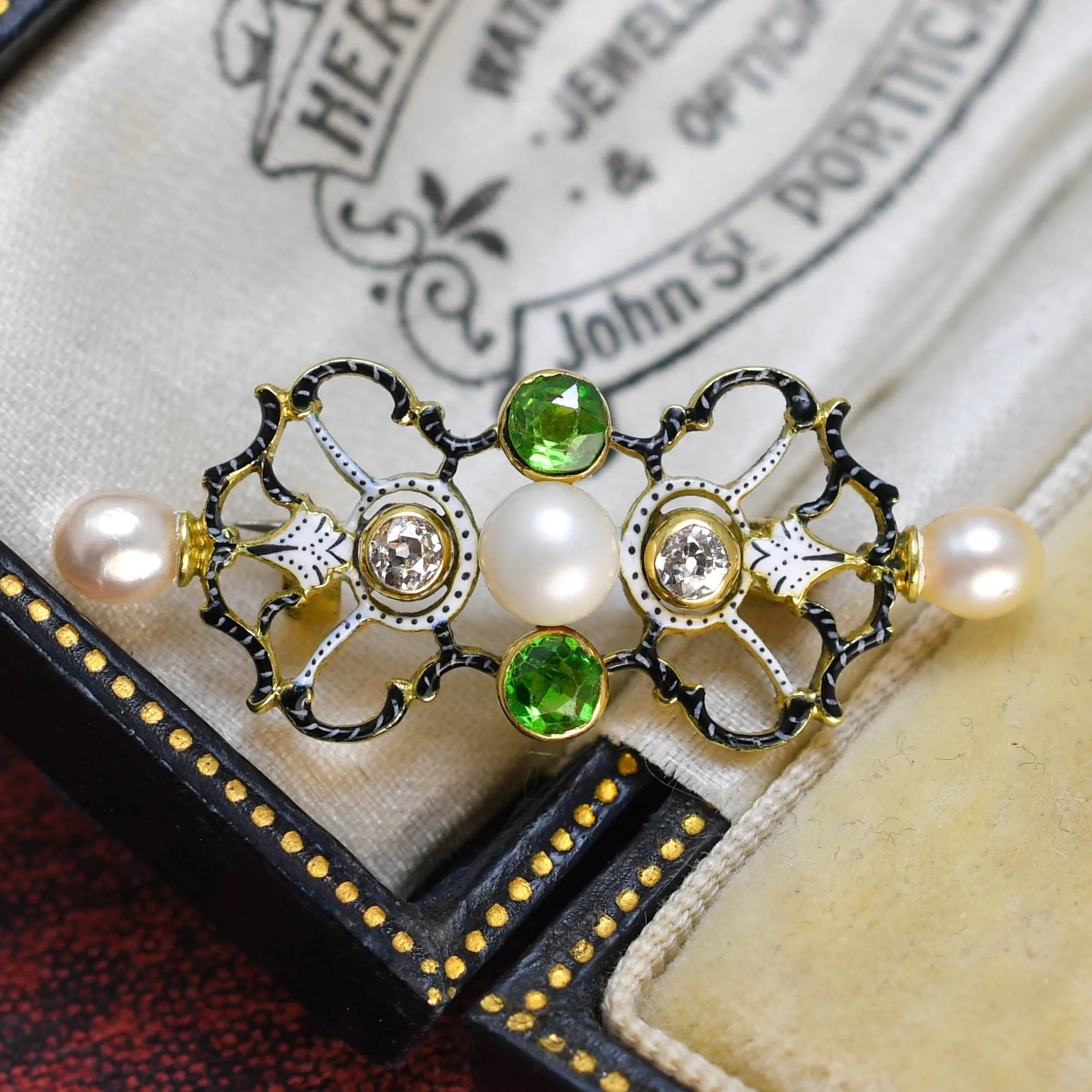 Victorian Demantoid Garnet, Pearl & Diamond Brooch Attributed to Carlo Giuliano
