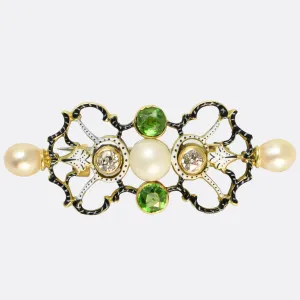 Victorian Demantoid Garnet, Pearl & Diamond Brooch Attributed to Carlo Giuliano