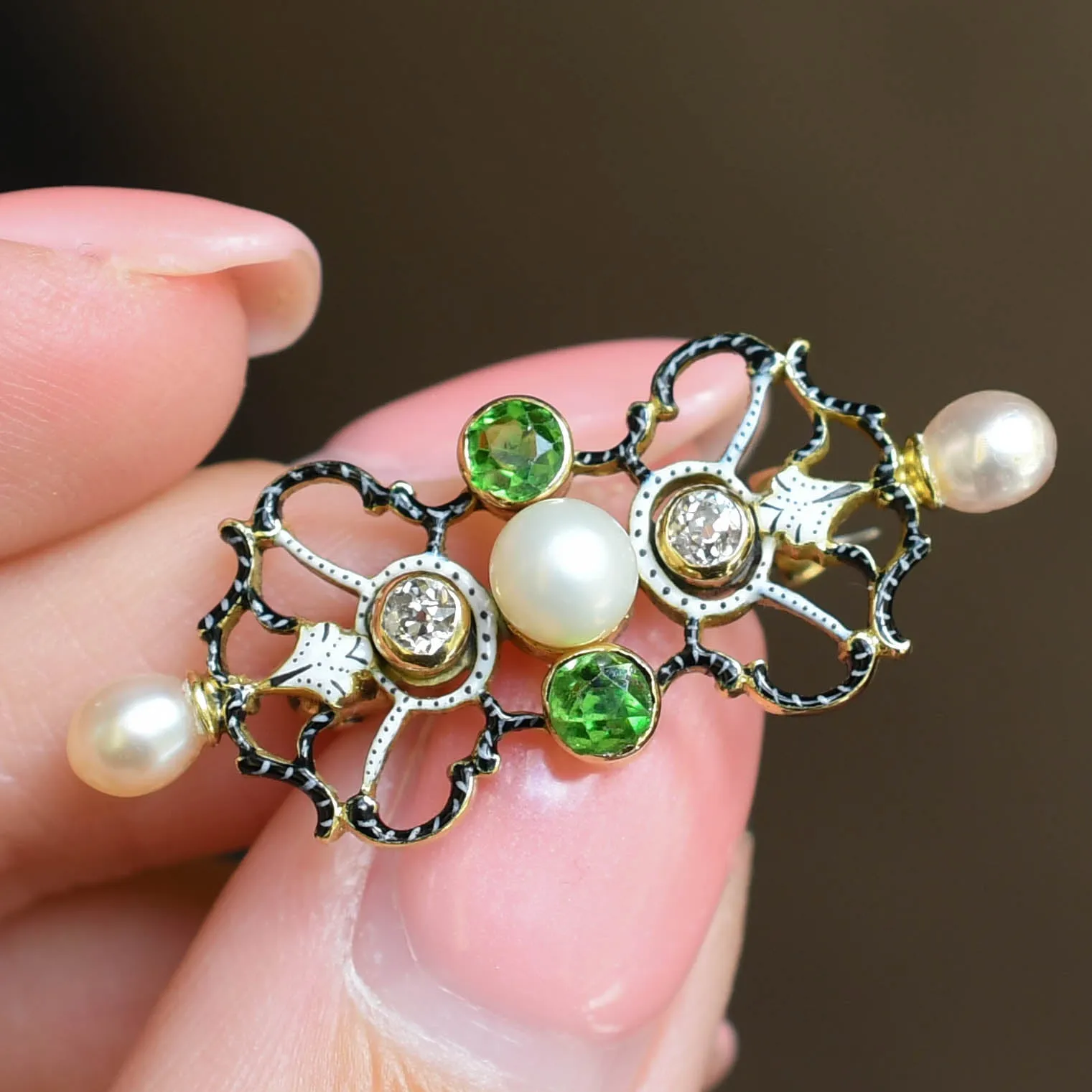 Victorian Demantoid Garnet, Pearl & Diamond Brooch Attributed to Carlo Giuliano