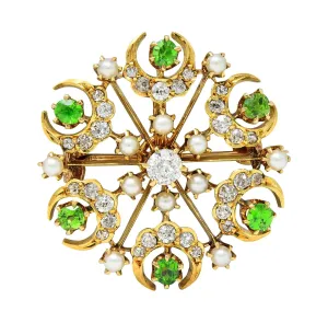 Victorian Diamond Demantoid Garnet Pearl 18 Karat Yellow Gold Antique Starburst Pendant Brooch