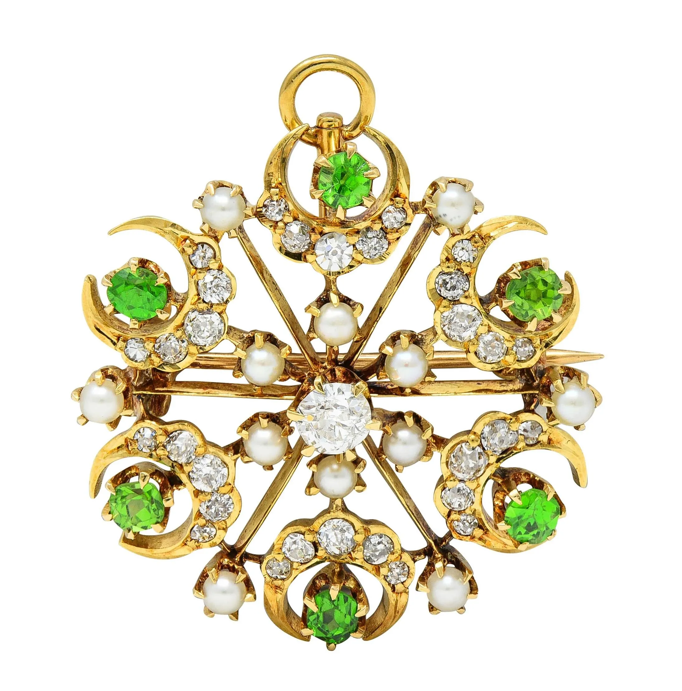 Victorian Diamond Demantoid Garnet Pearl 18 Karat Yellow Gold Antique Starburst Pendant Brooch