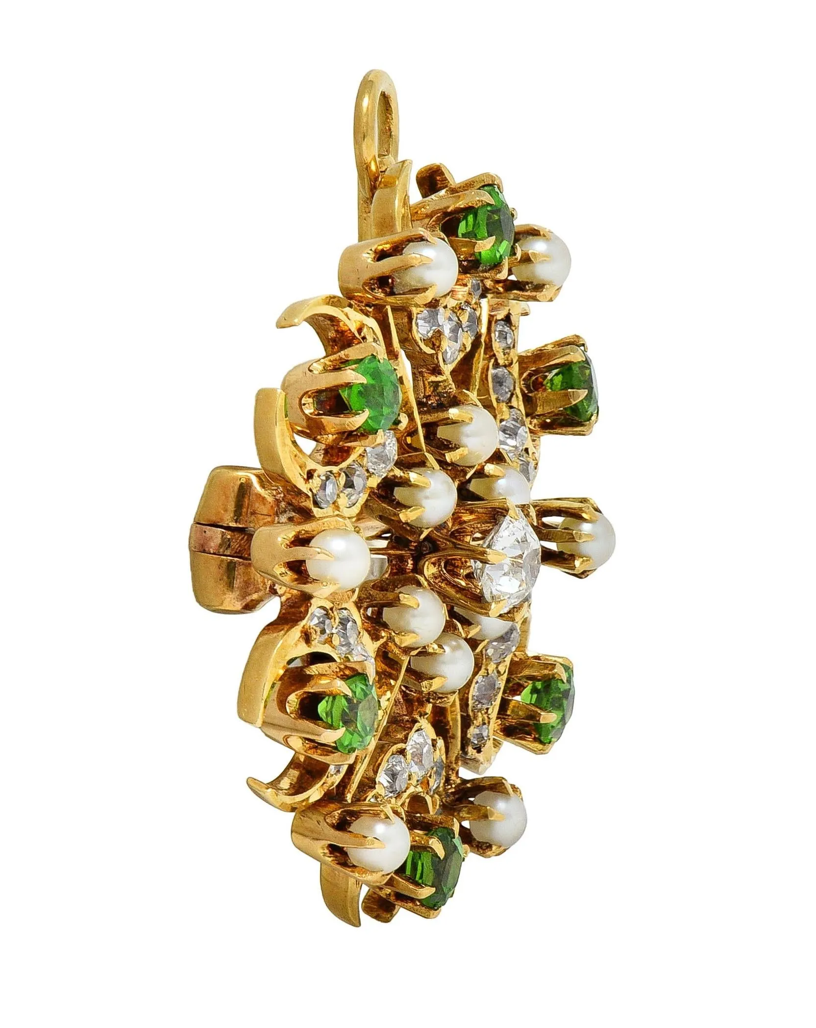 Victorian Diamond Demantoid Garnet Pearl 18 Karat Yellow Gold Antique Starburst Pendant Brooch