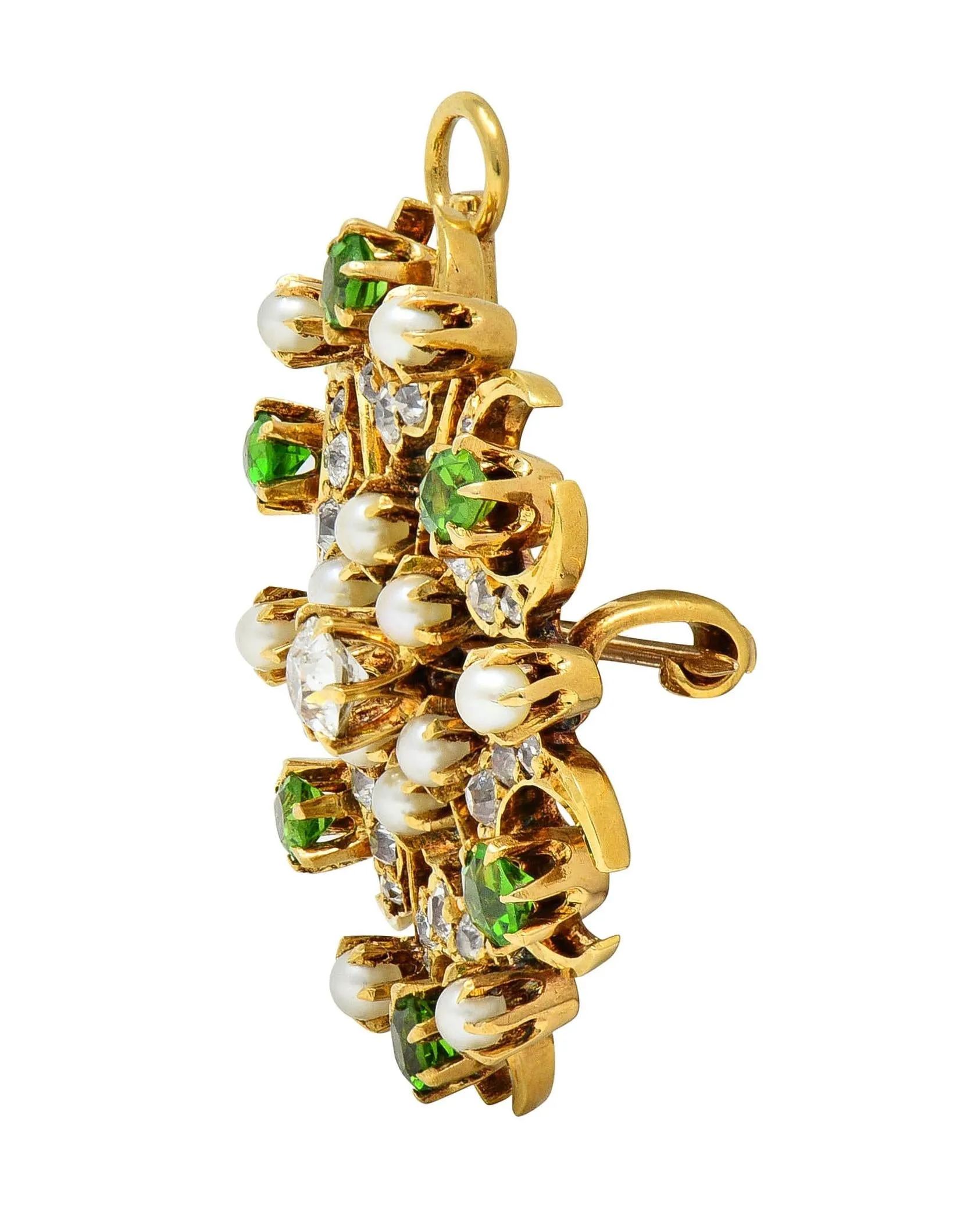 Victorian Diamond Demantoid Garnet Pearl 18 Karat Yellow Gold Antique Starburst Pendant Brooch