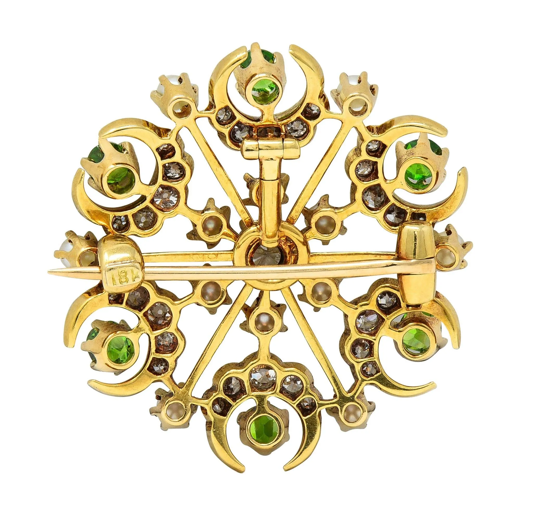Victorian Diamond Demantoid Garnet Pearl 18 Karat Yellow Gold Antique Starburst Pendant Brooch