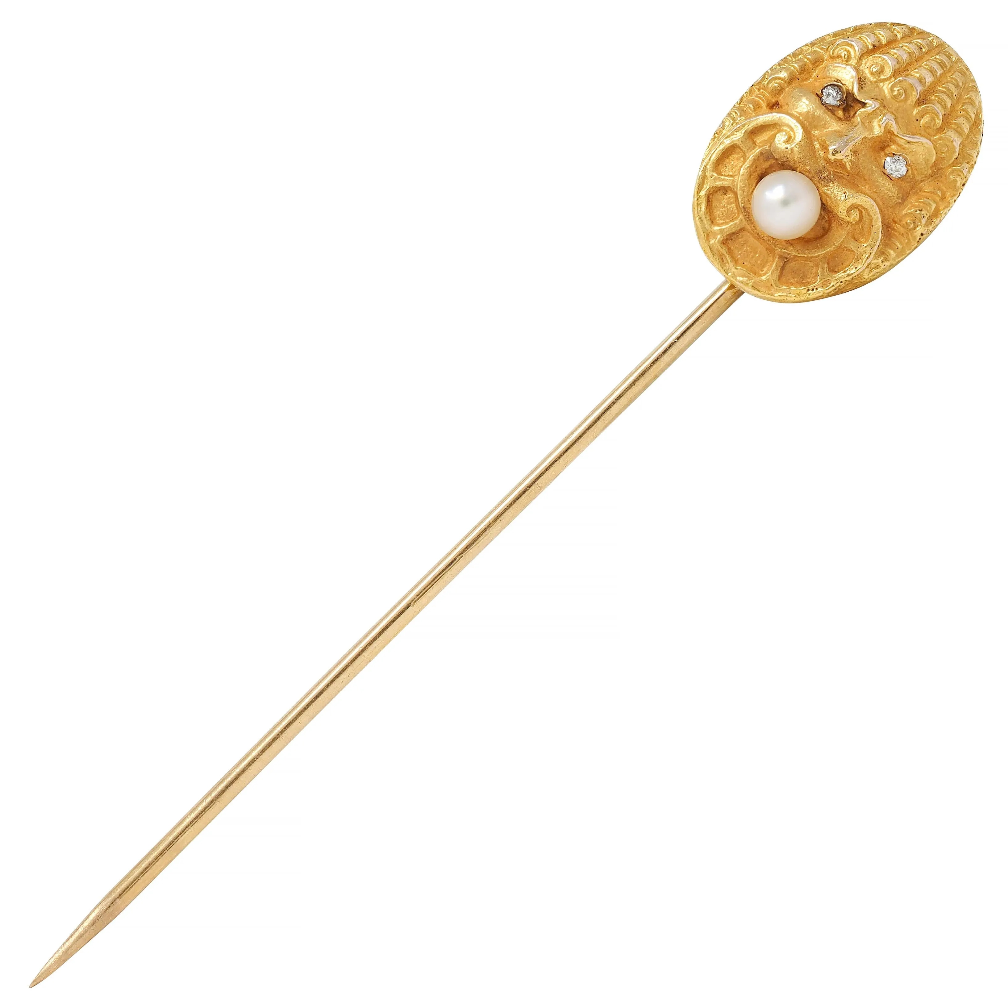 Victorian Diamond Pearl 14 Karat Yellow Gold Antique God Of Wind Stickpin