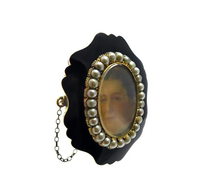 Victorian Enamel & Pearl Locket Brooch