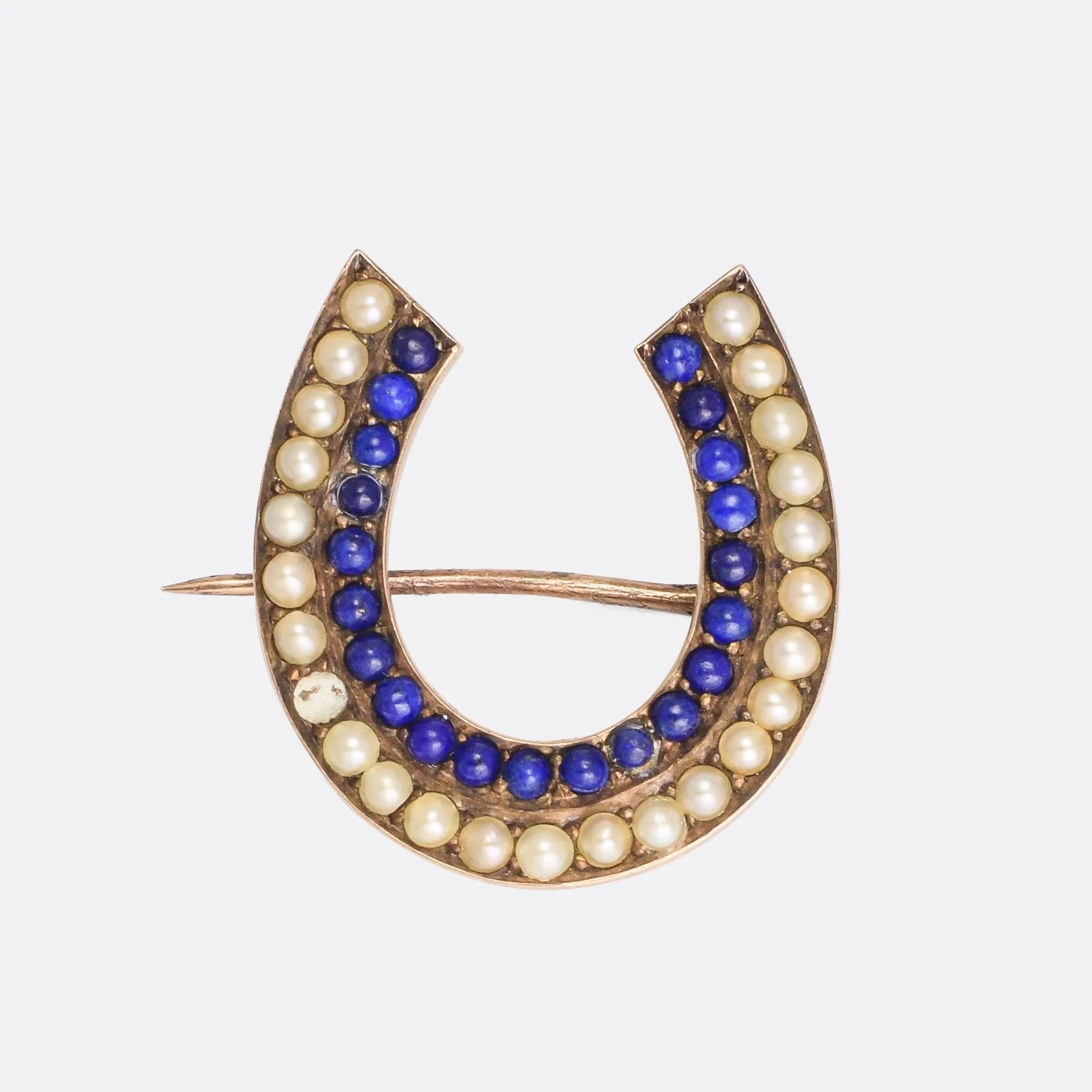 Victorian Pearl & Lapis Lazuli Lucky Horseshoe Brooch