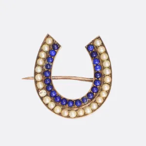 Victorian Pearl & Lapis Lazuli Lucky Horseshoe Brooch