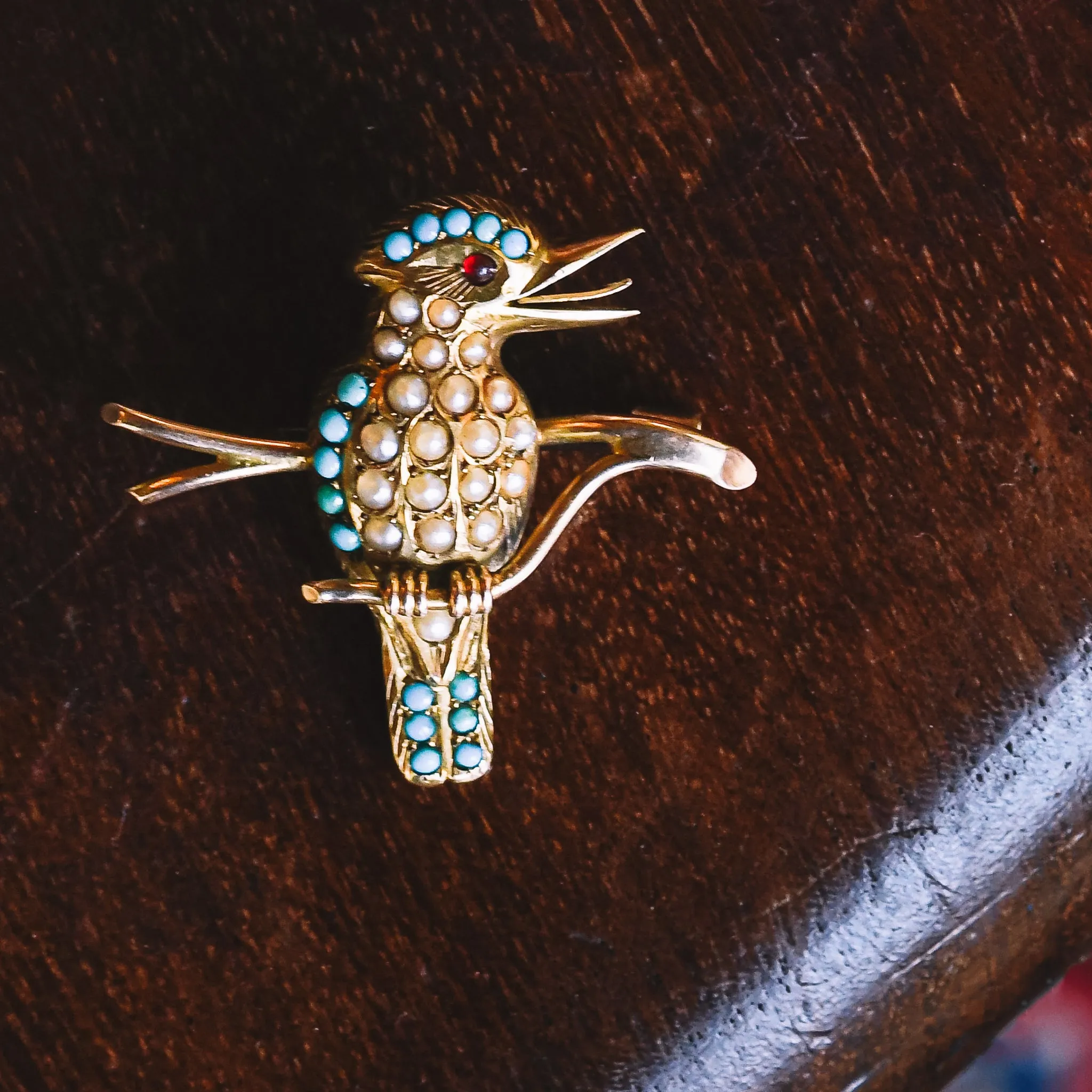 Victorian Turquoise & Pearl Kookaburra Brooch
