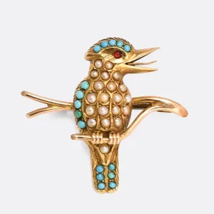 Victorian Turquoise & Pearl Kookaburra Brooch