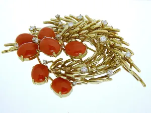 Vintage 1960s Coral & Diamond Pin