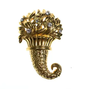 Vintage 1980s Monet Cornucopia Brooch, Clear Rhinestones, Gold Tone Setting, Brooches and Pins